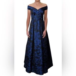 Carmen Marc Valvo Infusion Portrait Collar Brocade Dress Ball Gown Blue Sz 6